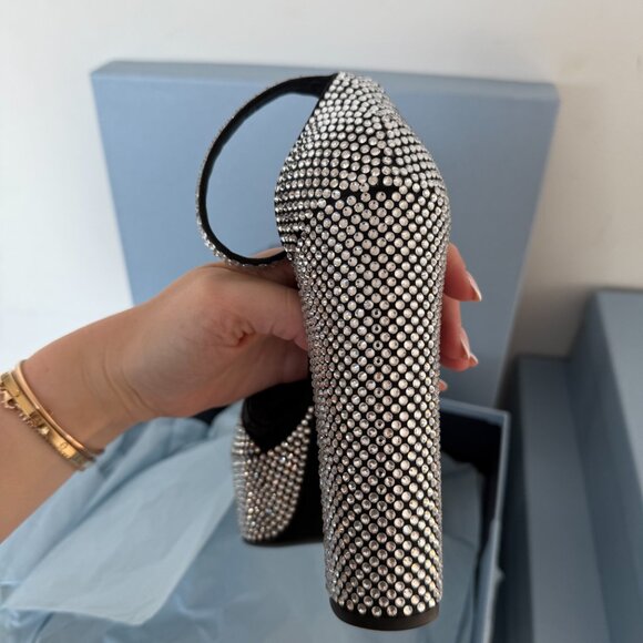 Prada Satin Black Embellished Platform Heels Logo Crystal Pumps Sandals - Picture 8 of 9